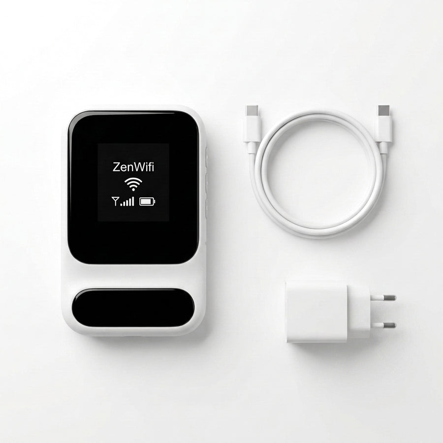 ZenWifi avec son chargeur européen et son câble USB-C inclus, posés à plat