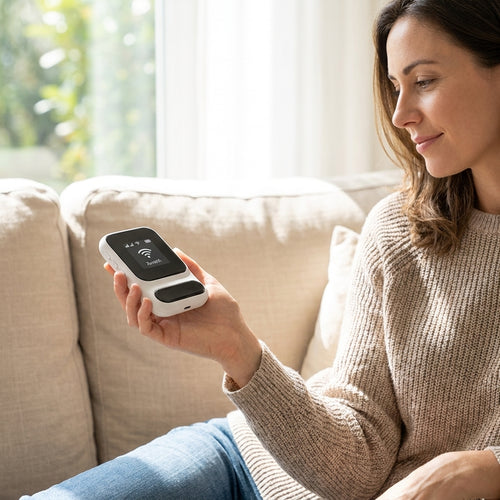 Femme assise dans un salon regardant l'écran de son ZenWifi
